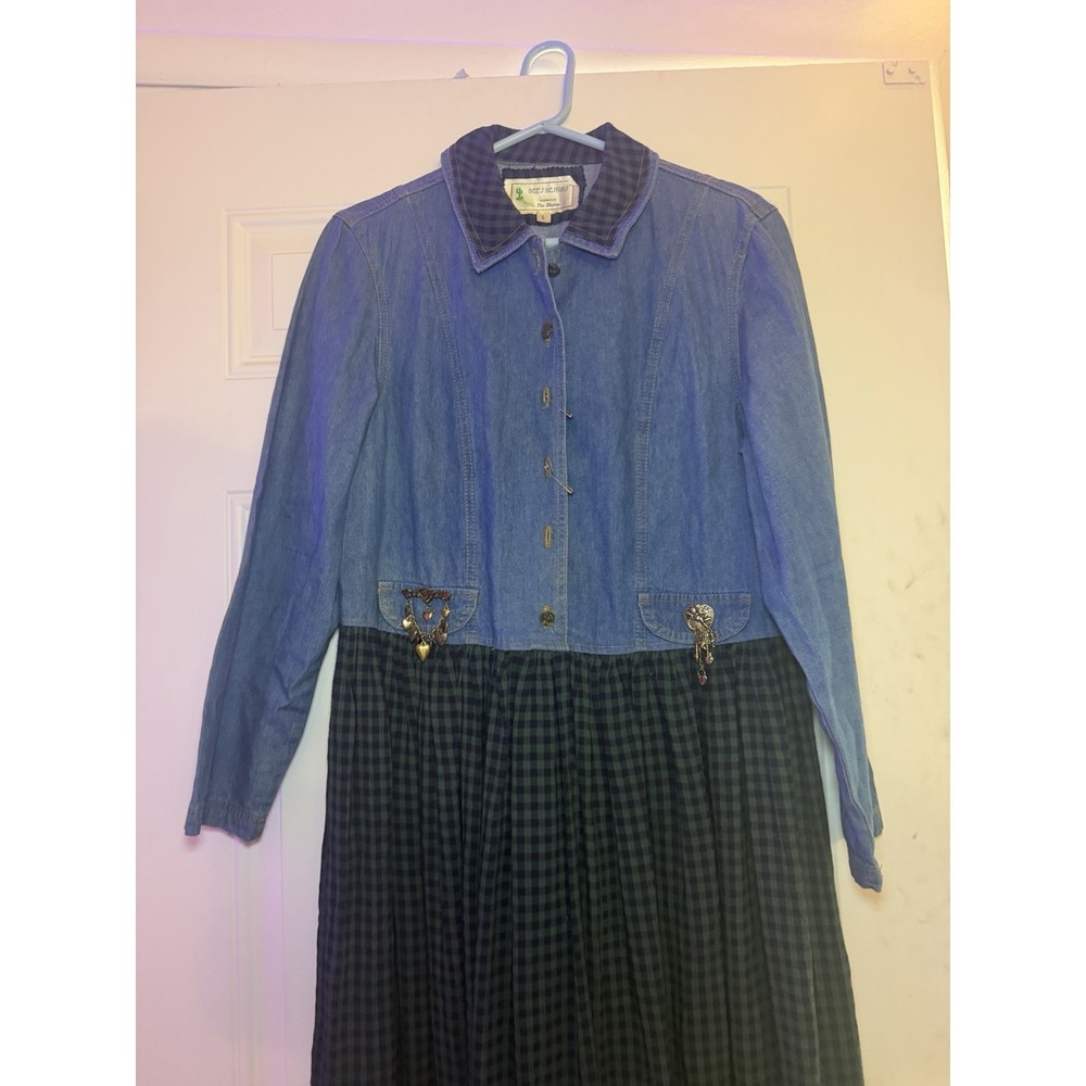 Dee's Designs Denim Jacket Dress Women's Large With Pins On Pockets Skirt USA